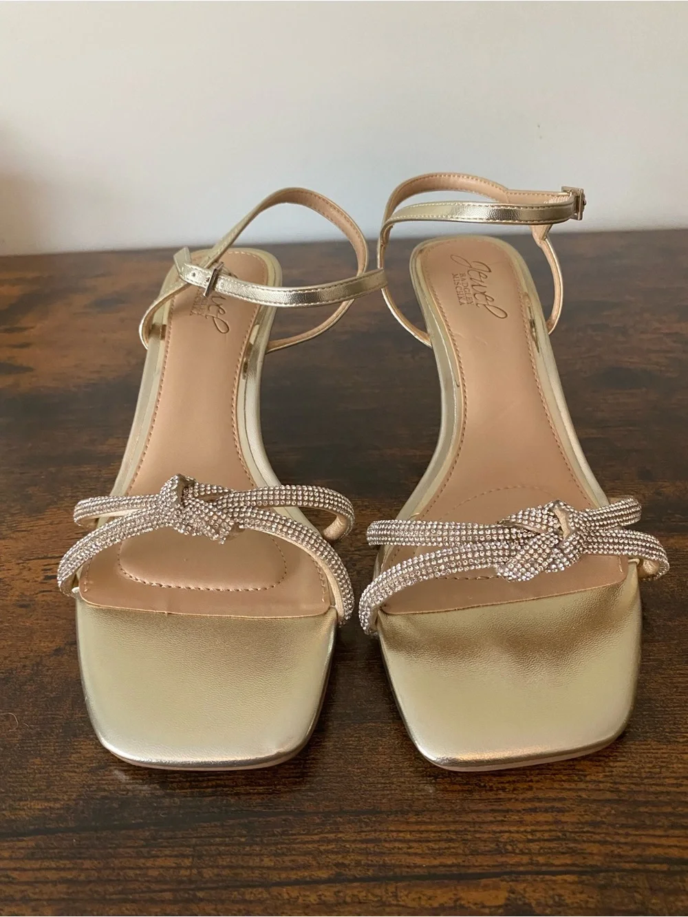 Jewel Badgley Mischka Gold Knotted Crystal-Strap Ankle Sandals